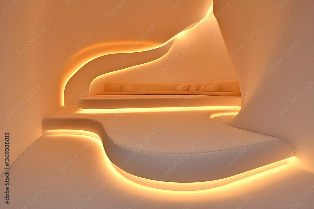 Poster abstract 3d render of a room with curving walls and warm lighting, featuring a built-in seating area