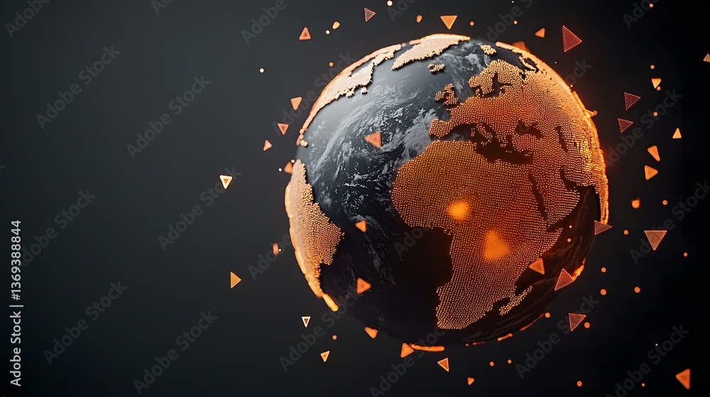 Poster a dark, stylized 3d rendering of planet earth, depicted as a sphere of interconnected points with or