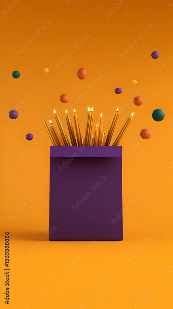 Poster abstract 3d render: lit golden candles in purple envelope against orange background with floating co
