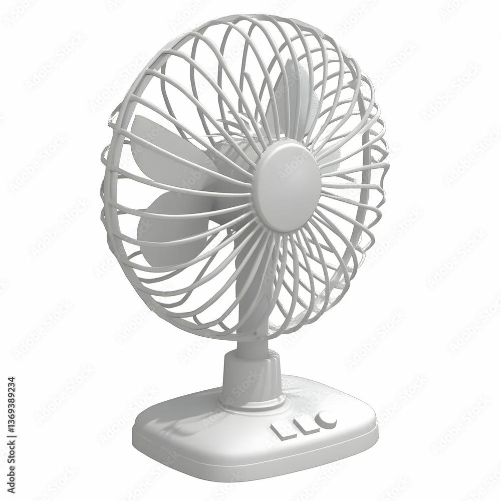 Poster 3d render of a white desk fan with circular guard and control buttons