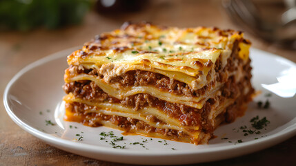 Delicious Homemade Lasagna Bolognese with Layers of Pasta, Meat Sauce, and Cheese on a Plate