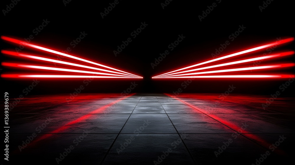 Poster a dark room with a tiled floor is illuminated by several bright red neon lights positioned on the wa
