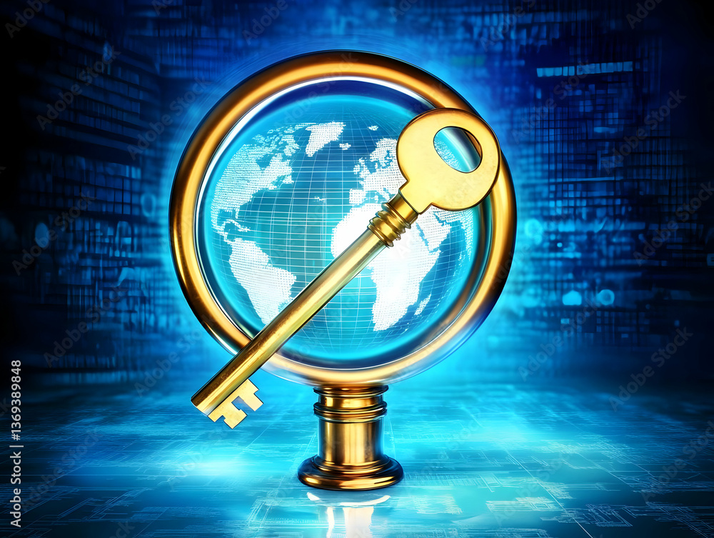 Poster 3d render of golden key on global sphere, digital background illustrating worldwide access and secur