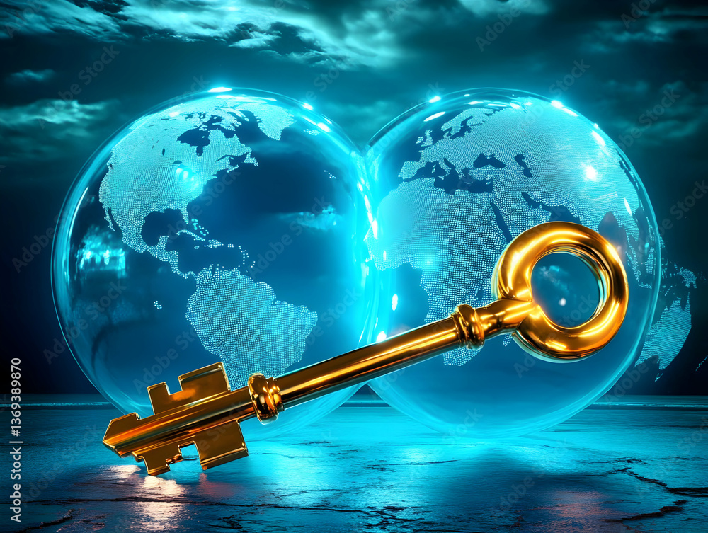 Poster 3d render of golden key unlocks two glowing digital globes representing global access and connectivi
