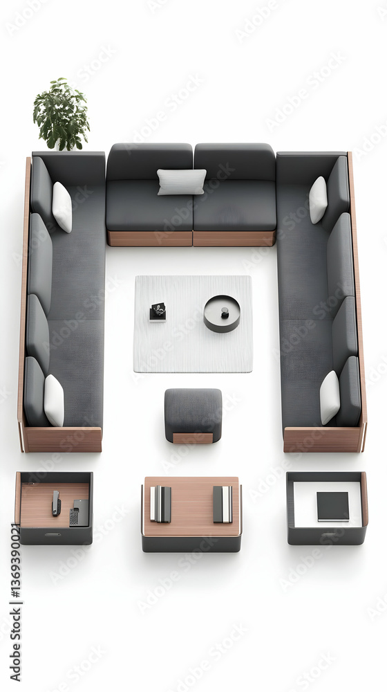 Poster 3d rendering of modern sectional sofa with wooden accents and complementary accessories arranged in 
