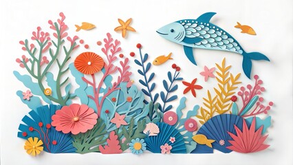 Fototapeta premium Abstract cut paper flowers isolated white expression ocean sea creatures coral fish