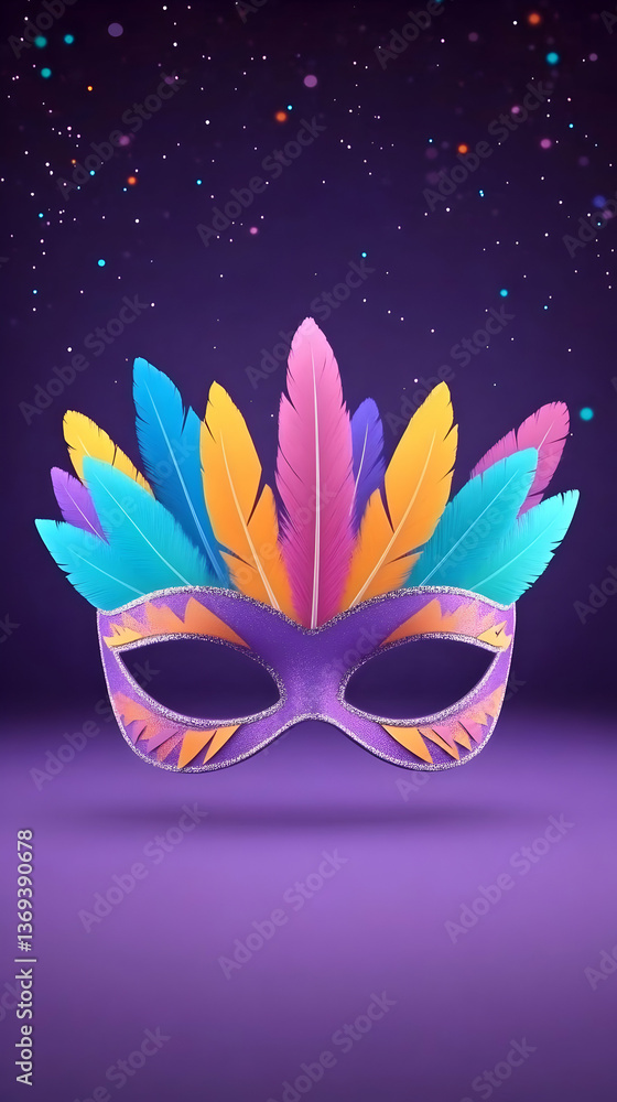 Poster 3d render of colorful feather masquerade mask on purple background with sparkles