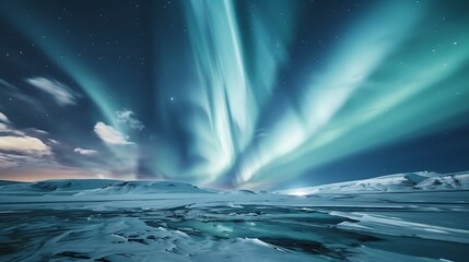 A mesmerizing aurora borealis lighting up the night sky over a frozen landscape