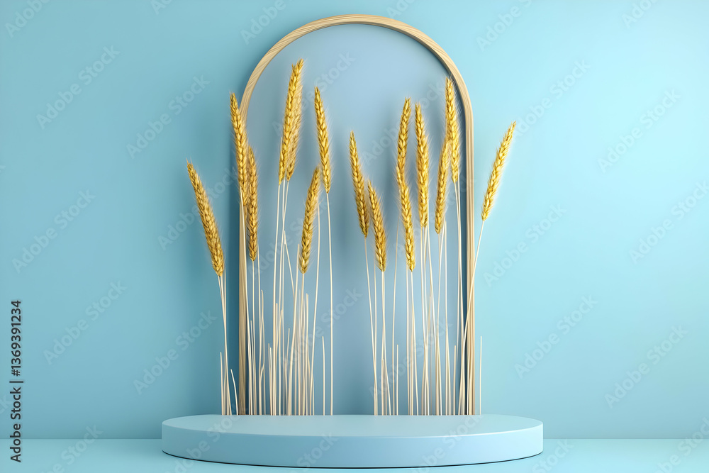 Aufkleber 3d render of wheat stalks in minimalist blue background with cylindrical display platform