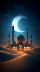 Digital 3D Illustration of a Majestic Mosque in a Desert at Night under a Crescent Moon