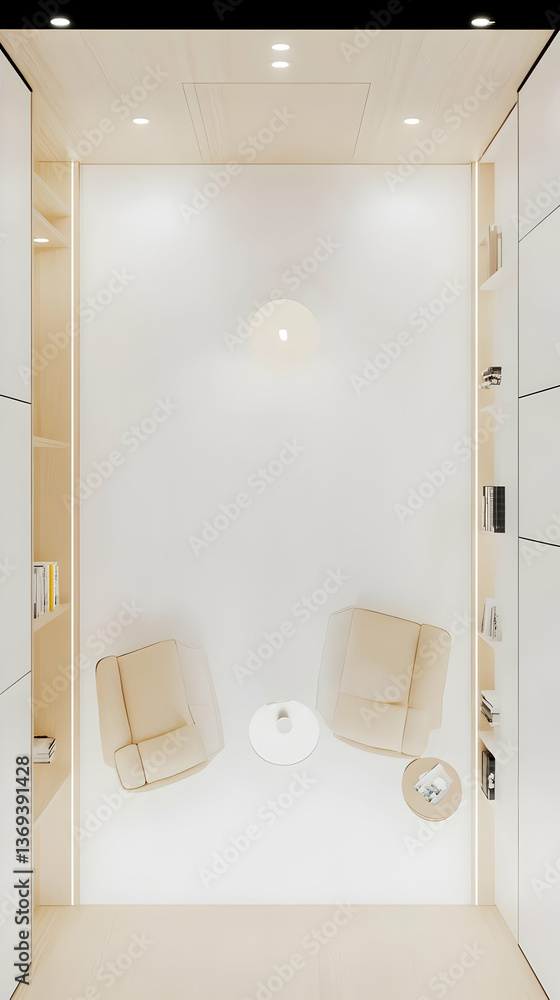 Poster 3d rendering of minimalist waiting room with two beige armchairs and built-in bookshelves, featuring