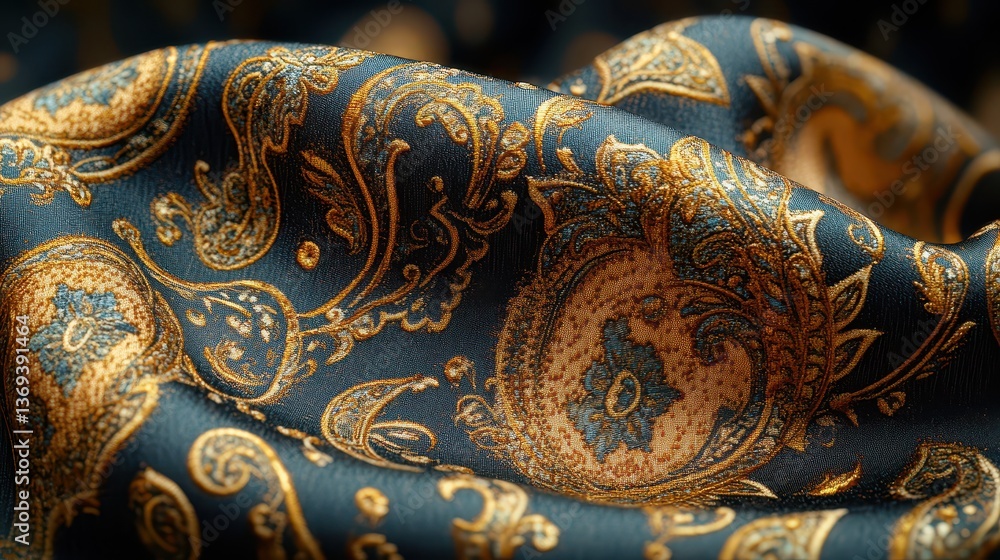 Poster close-up photograph of intricately designed silk fabric with elegant patterns and rich colors showca