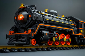 A 3D Render of a Retro Black and Orange Steam Locomotive on Tracks