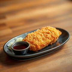 Crispy Fried Chicken Katsu Served on a Black Plate with Dipping Sauce and Pickled Vegetables