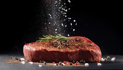 A steak with pepper and salt falling into the air