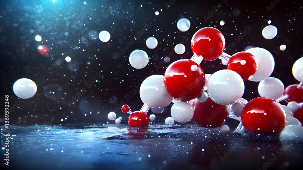Poster abstract 3d rendering of red and white spheres forming a molecular structure on a dark blue liquid s