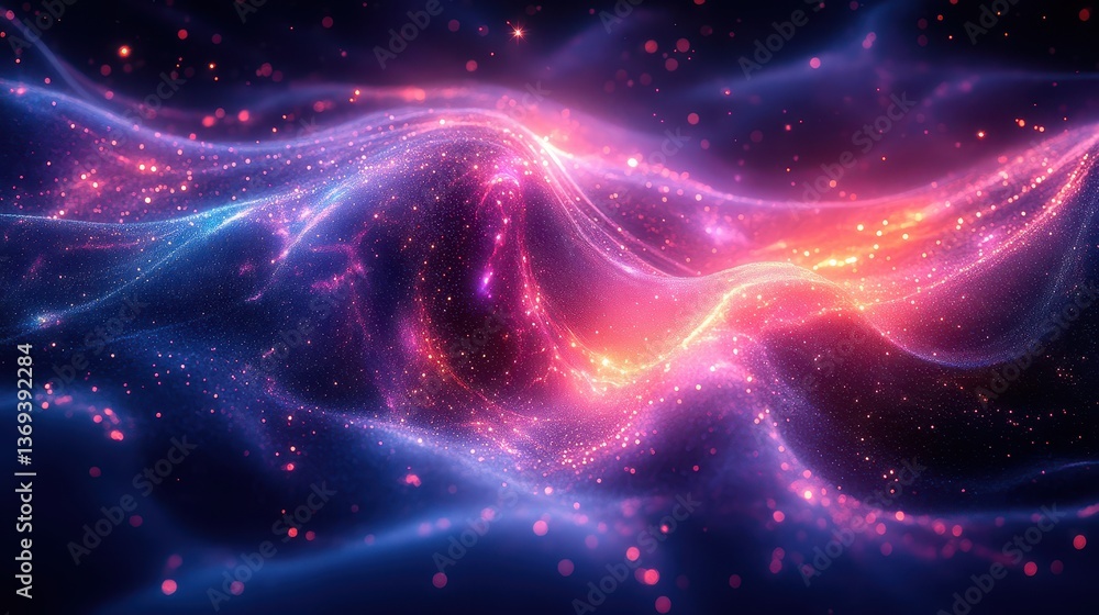 Poster ethereal digital painting of flowing silk fabric with swirling patterns and glowing particles in vib