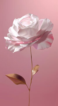 Elegant blush rose with gold leaves against a soft pink backdrop a stunning digital art piece showcasing delicate petals and a luxurious feel