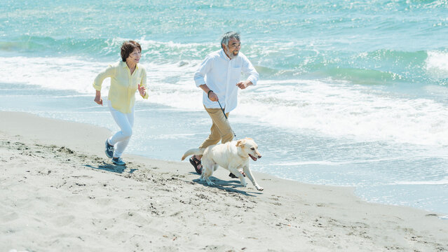 愛犬を連れて浜辺を走るシニア夫婦