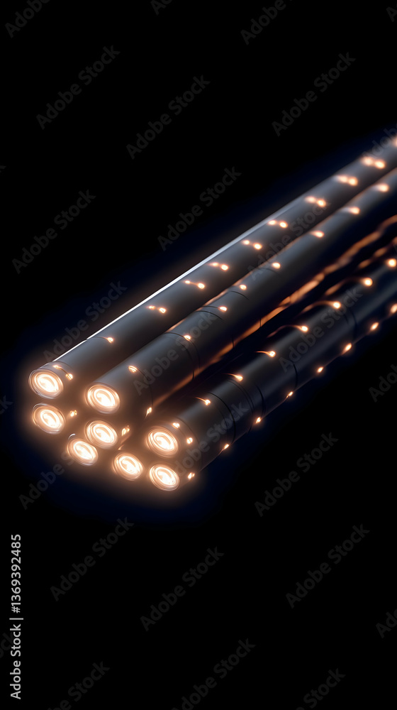 Poster glowing cylinders: abstract 3d render of illuminated tubes in dark background