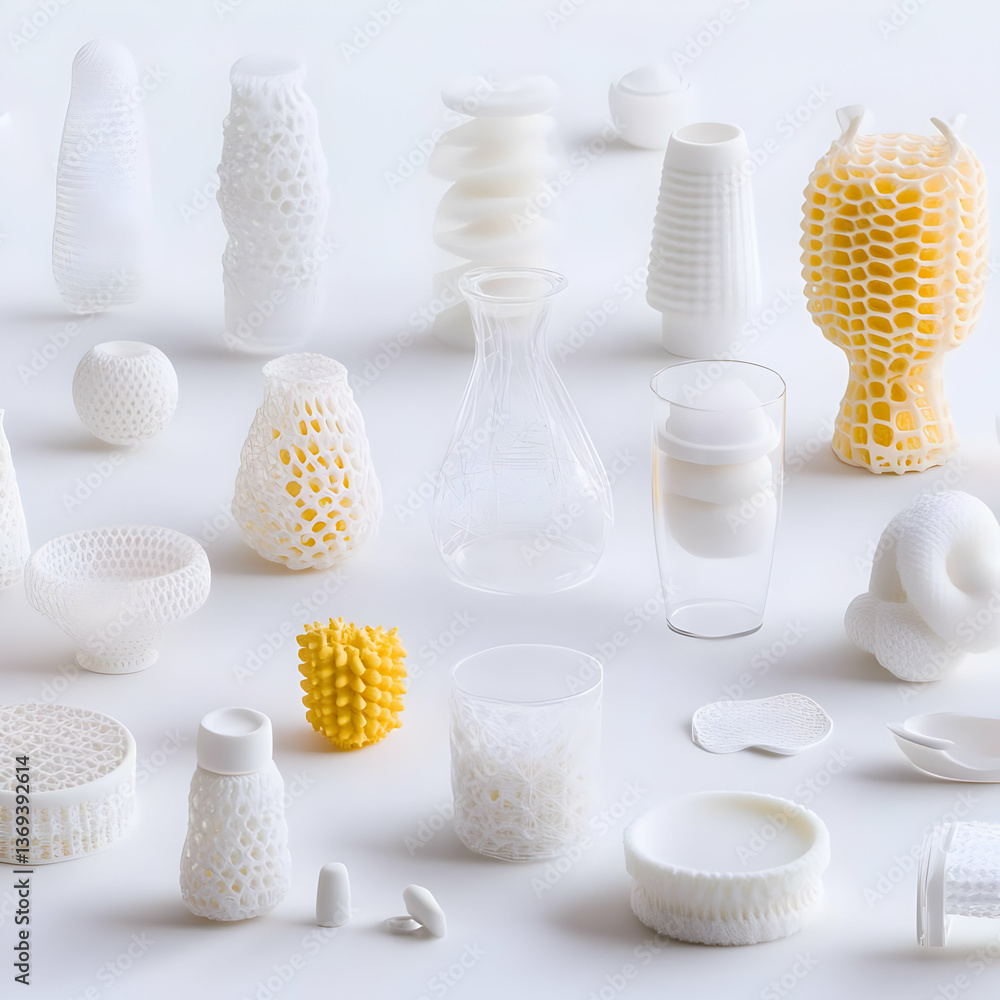 Aufkleber 3d-printed abstract white and yellow objects showcase on white background