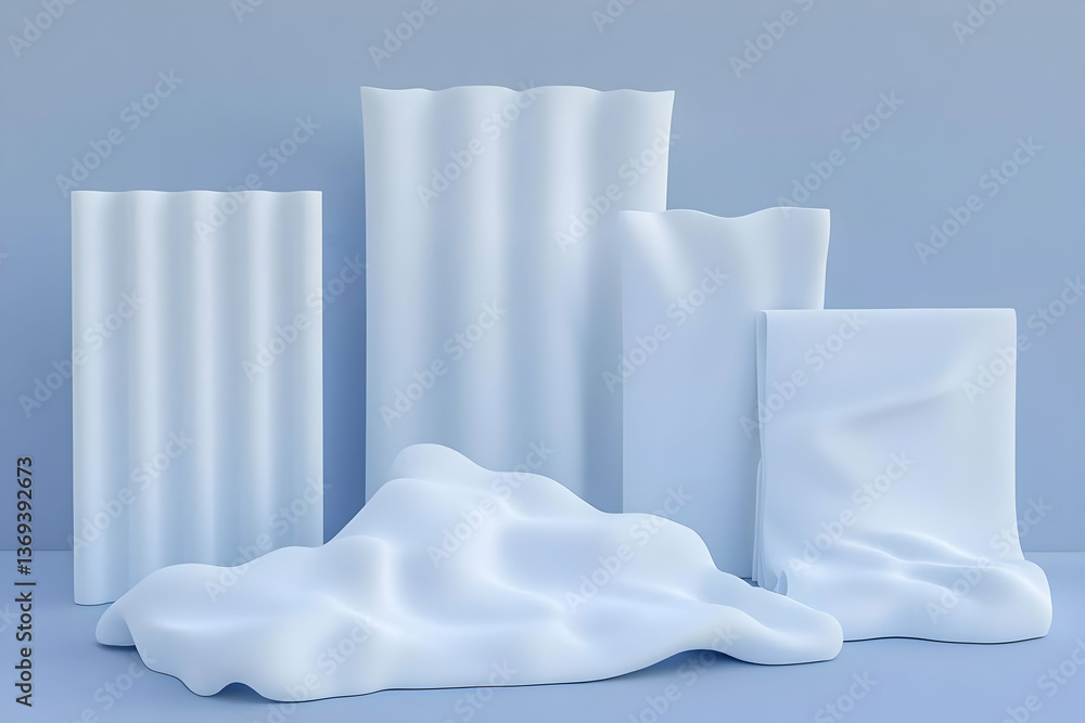 Poster abstract 3d render of draped fabric forms on a light blue background: a minimalist composition featu