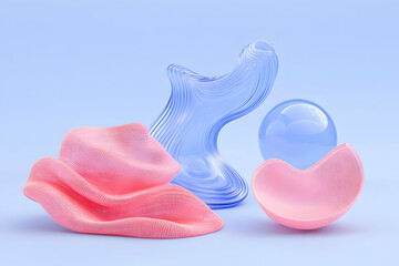 Abstract 3D Render: Pink and Blue Glassy Forms Flowing Elegantly on a Pastel Background