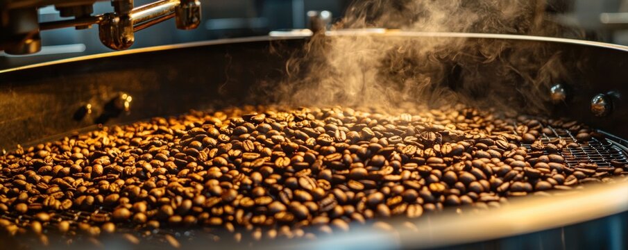 Roasting coffee beans in a large metallic drum with steam rising.