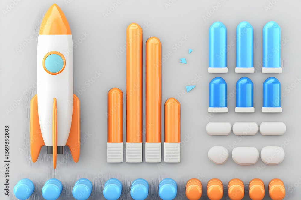 Poster 3d render of a startup concept: rocket launching with ascending orange and blue bar graphs, represen