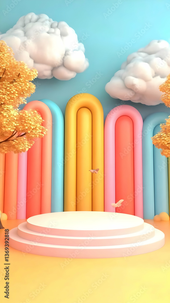 Poster pastel rainbow arch background with autumn trees and clouds: a 3d rendered product display podium