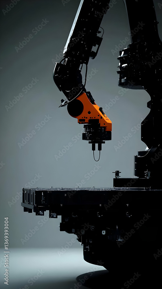 Poster robotic arm precisely positions component onto platform in industrial setting