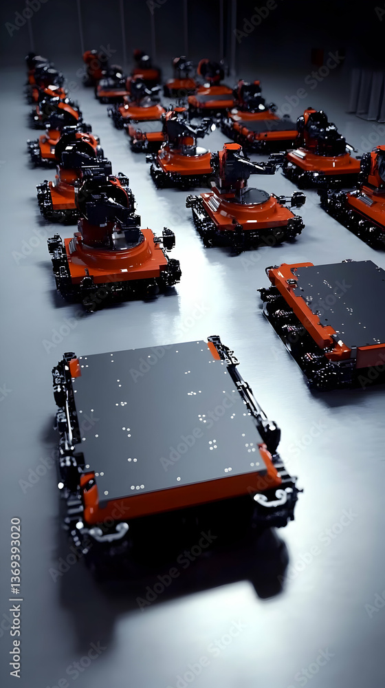 Poster 3d render of orange and black automated guided vehicles in a factory setting