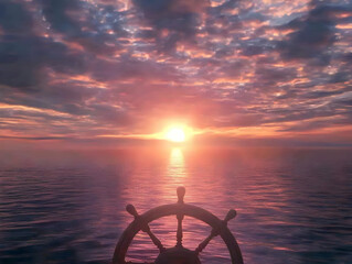 Sunset over the ocean, viewed from behind a ship's wheel, painted in vibrant hues of pink and orange, creating a dramatic, artistic background.