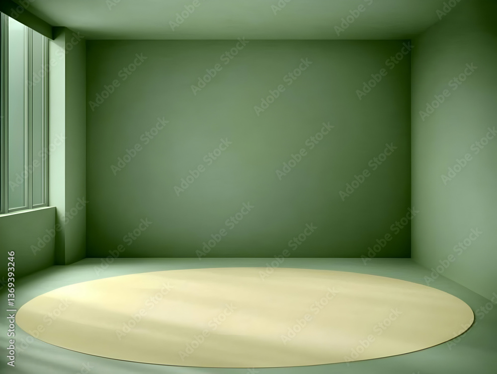 Poster 3d render of a minimalist green room with a pale yellow oval platform in the center, ideal as a clea