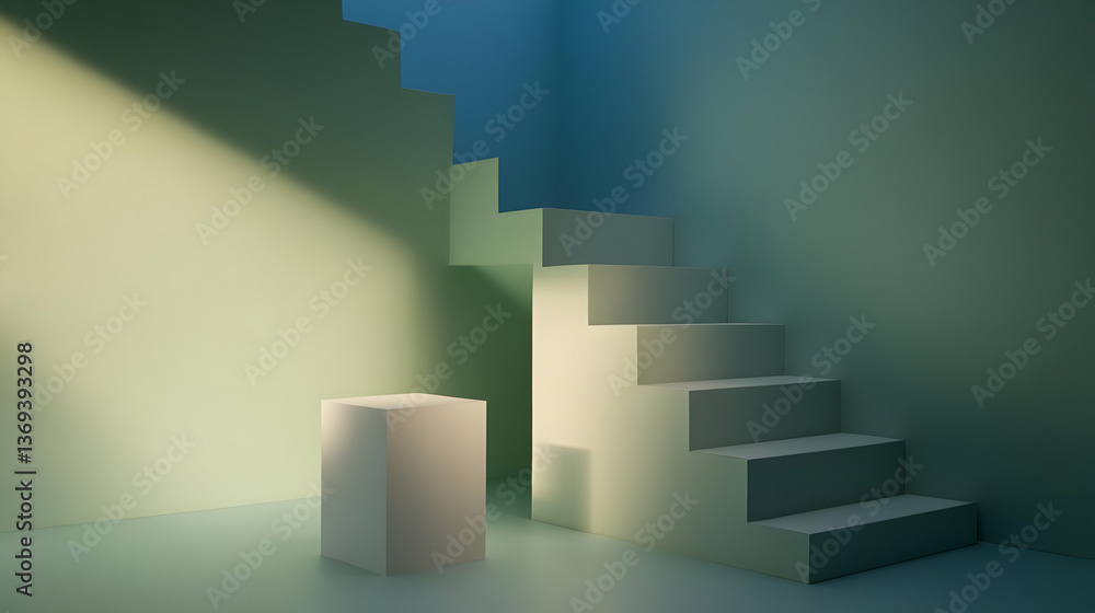 Poster abstract 3d render: staircase and cube in soft green and teal room with light