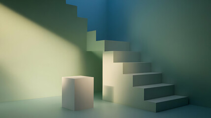 Abstract 3D Render: Staircase and Cube in Soft Green and Teal Room with Light