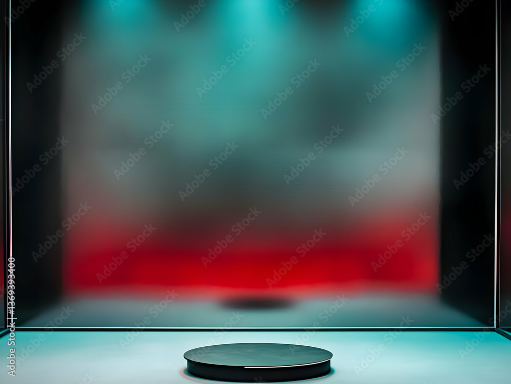 Poster 3d render of a dark circular platform in a modern room with red and teal gradient background