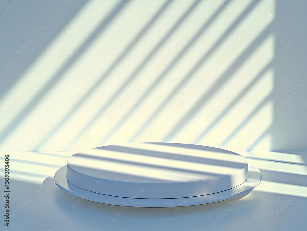 Poster 3d render of a white circular platform with light and shadow streaks
