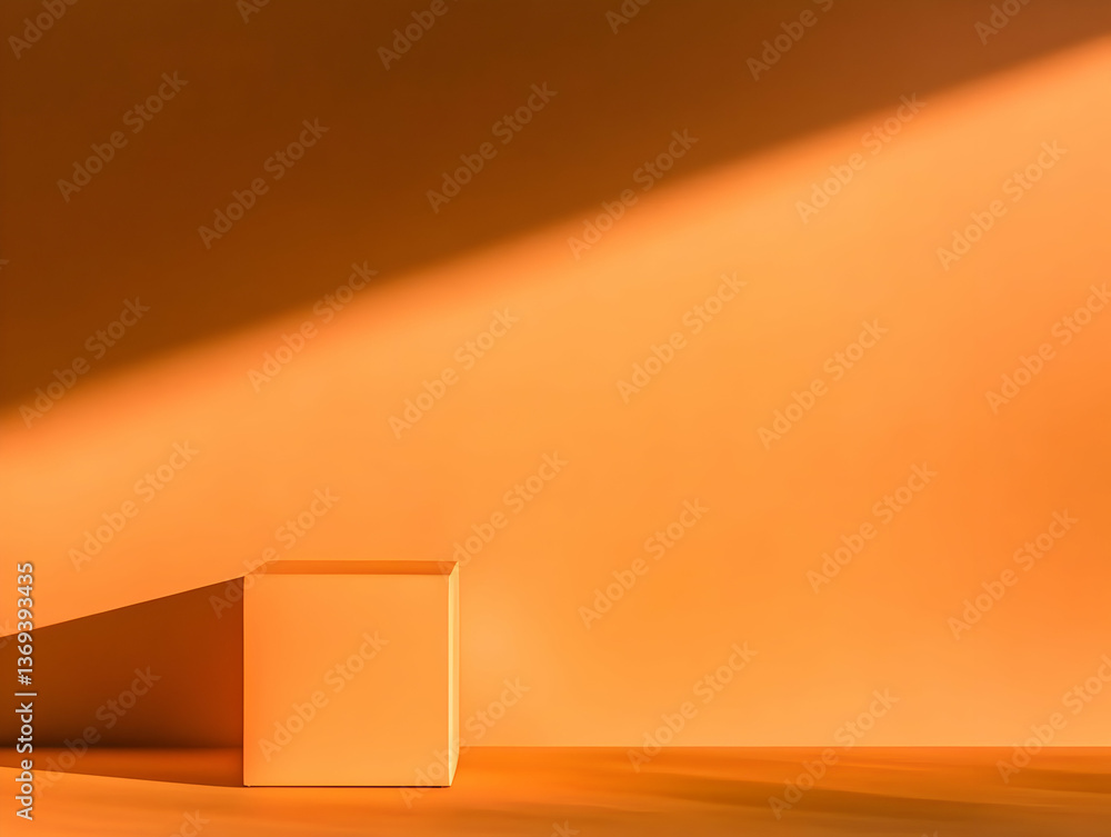 Poster minimalist orange cube on a bright background with dramatic lighting and shadows, abstract 3d render