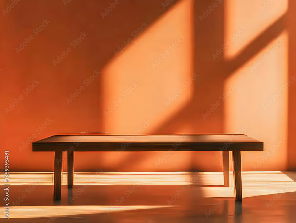 Poster digital painting of a simple wooden table in a room with warm orange walls and sunlight streaming th