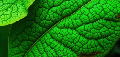 Obraz premium Intricate veined green leaf texture, vibrant, lush background, detail, organic texture