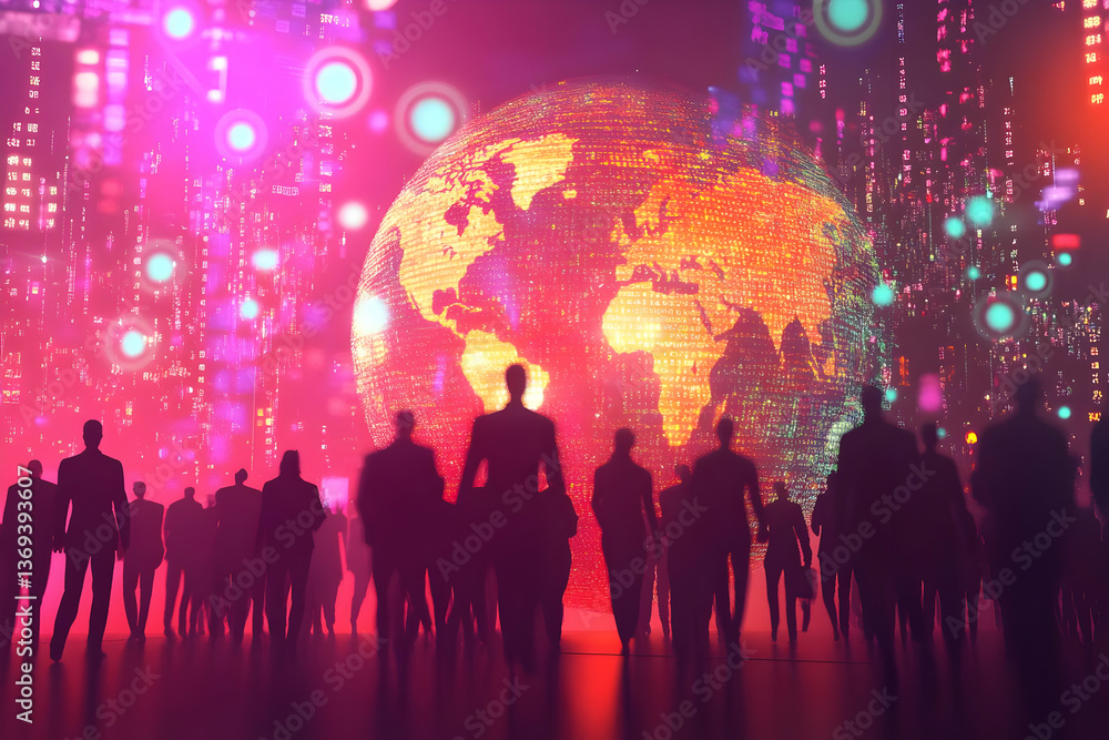 Poster silhouetted figures walk towards a glowing digital globe, abstract background illustration of global