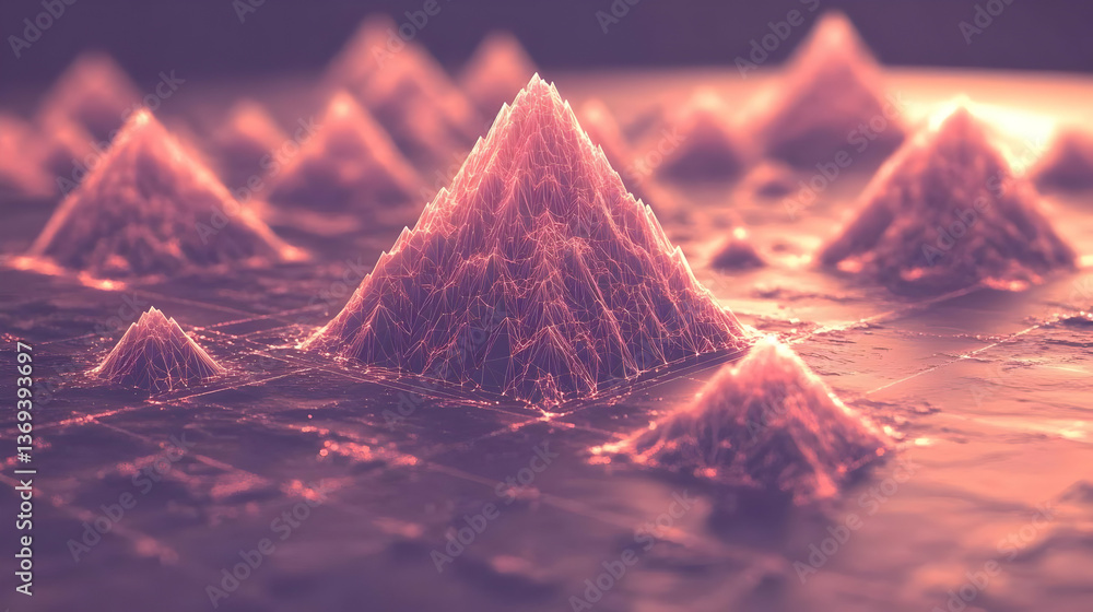 Poster abstract 3d render of illuminated wireframe mountains at sunset, digital art background