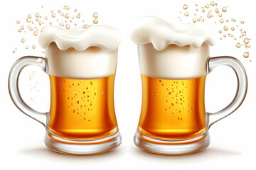 Two Frothy Beer Steins, a Realistic 3D Illustration of Golden Beer with Abundant White Foam and Rising Bubbles, Set Against a Clean White Background.