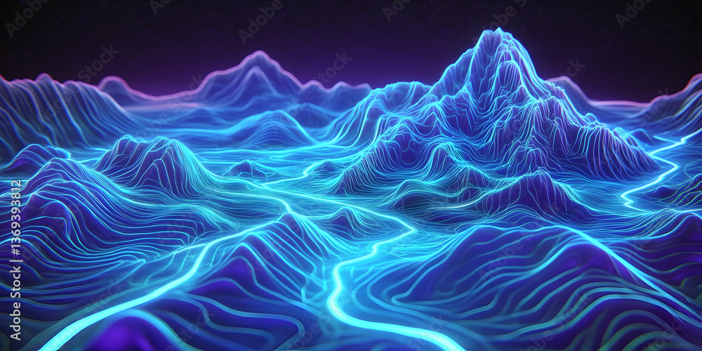 Poster abstract 3d render of a glowing blue and purple mountain range with illuminated lines, creating a fu