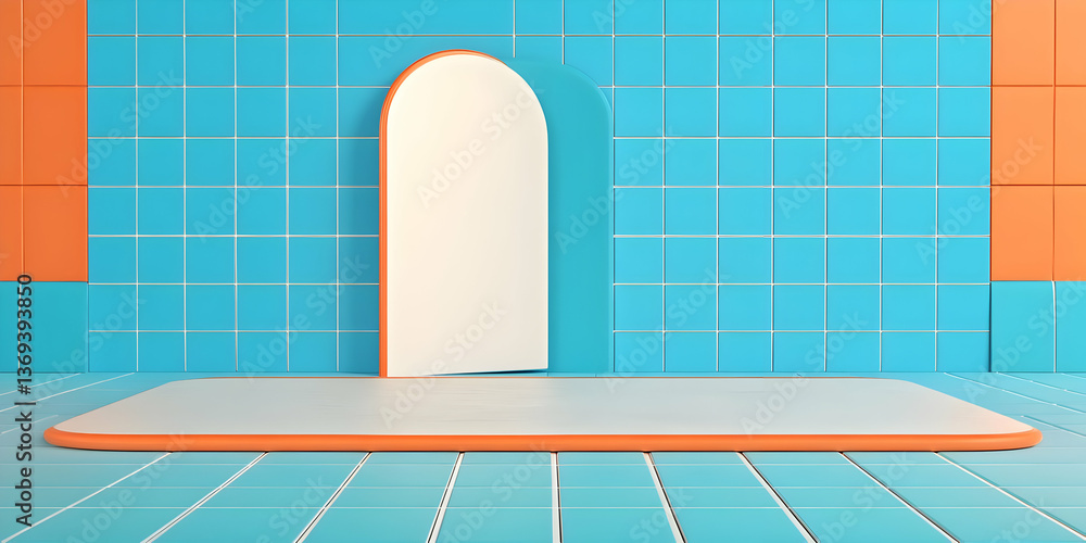 Poster abstract 3d render: minimalist display platform with arch and blue tile background