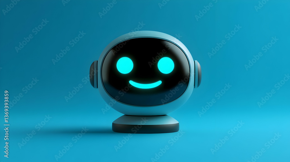Poster 3d render of a happy robot head with a smiling face on a blue background