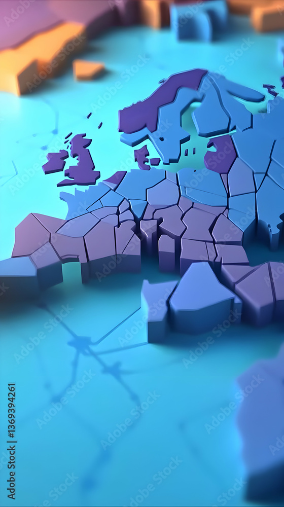 Poster abstract 3d render of a fragmented europe map with a blue and purple color palette, showing a networ
