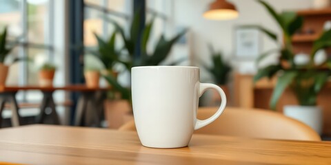 Fototapeta premium White Mug on Wooden Table in a Cozy Cafe Setting
