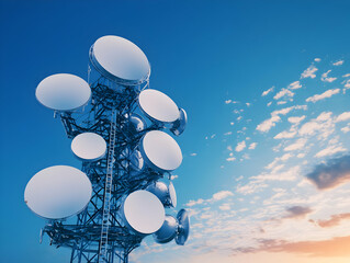 Digital Communication Tower with Multiple Satellite Dishes Against a Vivid Sunset Sky
